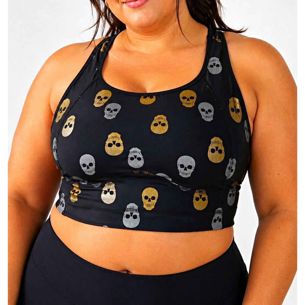 Torrid Active Glowing Skulls Sports Bra Size 2 Black Gold Silver Racerback